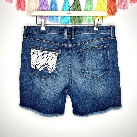 Current Elliot High Rise The Rolled Short Crochet Lace Denim Jean Shorts Frayed - Picture 7 of 16